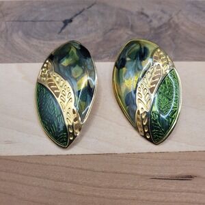 Vintage Edgar Berebi Large Abstract 80s Blue And Green Swirl Enamel Earrings